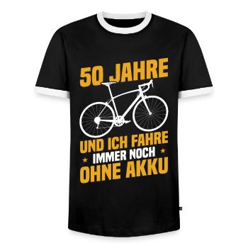 50 years and I'm still riding without a battery - Men's Ringer Shirt - black/white - Front - AI Model Female 172 light (172cm) & AI Model Male 178 light (178cm)
