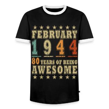 80 ans, construit en 1944, né en février 1944 - T-shirt contrasté Homme - noir/blanc - Devant - AI Model Female 172 light (172cm) & AI Model Male 178 light (178cm)