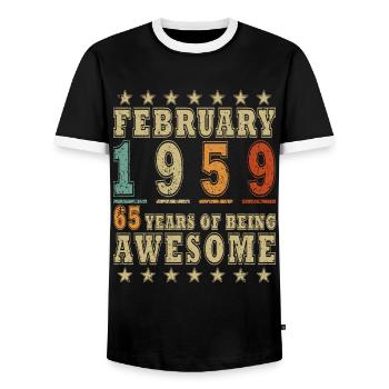 65 years old Year of birth 1959 Born February 1959 - Men's Ringer Shirt - black/white - Front - AI Model Female 172 light (172cm) & AI Model Male 178 light (178cm)