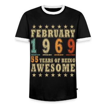 55 years old Year of birth 1969 Born February 1969 - Men's Ringer Shirt - black/white - Front - AI Model Female 172 light (172cm) & AI Model Male 178 light (178cm)