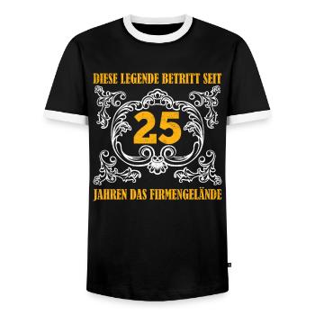 Colleague Legend Has been entering the site for 25 years - Men's Ringer Shirt - black/white - Front - AI Model Female 172 light (172cm) & AI Model Male 178 light (178cm)