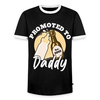 Dad 2025 in progress Promoted to Dad - Men's Ringer Shirt - black/white - Front - AI Model Female 172 light (172cm) & AI Model Male 178 light (178cm)