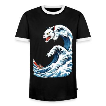 Cat Wave Ukiyo-E Vintage Japon Streetwear - T-shirt contrasté Homme - noir/blanc - Devant - AI Model Female 172 light (172cm) & AI Model Male 178 light (178cm)