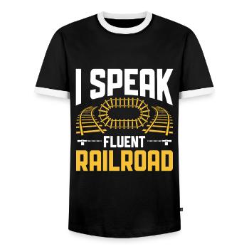 I Speak Fluent Railroad - Conducteur de train - T-shirt contrasté Homme - noir/blanc - Devant - AI Model Female 172 light (172cm) & AI Model Male 178 light (178cm)