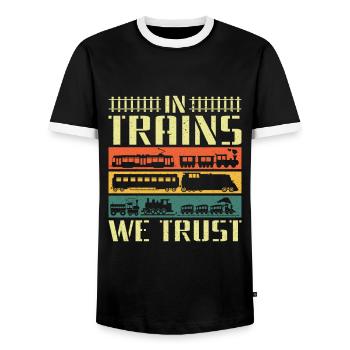 In Trains We Trust - Train Driver - Men's Ringer Shirt - black/white - Front - AI Model Female 172 light (172cm) & AI Model Male 178 light (178cm)
