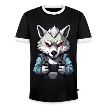 Cute Wolf Player Gaming Wolf Lover - Men's Ringer Shirt - black/white - Front - AI Model Female 172 light (172cm) & AI Model Male 178 light (178cm)