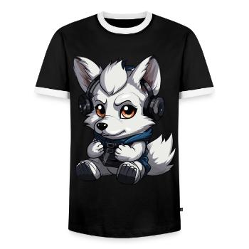 Cute Wolf Player Gaming Wolf Lover - Men's Ringer Shirt - black/white - Front - AI Model Female 172 light (172cm) & AI Model Male 178 light (178cm)