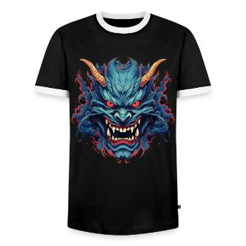 Japanese Hannya Demon Samurai Warrior Oni Mask - Men's Ringer Shirt - black/white - Front - AI Model Female 172 light (172cm) & AI Model Male 178 light (178cm)