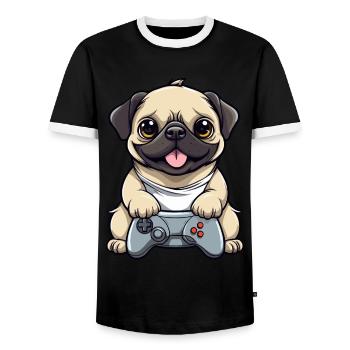 Süßer Mopshund Gamer Gaming Mops Hundeliebhaber - Männer Kontrast-T-Shirt - Schwarz/Weiß - Vorne - AI Model Female 172 light (172cm) & AI Model Male 178 light (178cm)