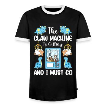 Claw Game Funny Claw Machine - Men's Ringer Shirt - black/white - Front - AI Model Female 172 light (172cm) & AI Model Male 178 light (178cm)