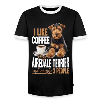 I like coffee my Airedale Terrier maybe 3 people - Männer Kontrast-T-Shirt - Schwarz/Weiß - Vorne - AI Model Female 172 light (172cm) & AI Model Male 178 light (178cm)