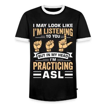 Deaf-mute sign language - Men's Ringer Shirt - black/white - Front - AI Model Female 172 light (172cm) & AI Model Male 178 light (178cm)
