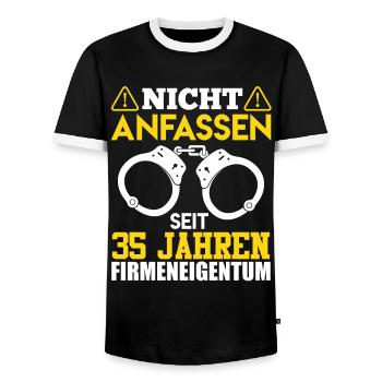 35 years of company ownership DO NOT TOUCH Colleague - Men's Ringer Shirt - black/white - Front - AI Model Female 172 light (172cm) & AI Model Male 178 light (178cm)