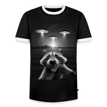 Selfie drôle de raton laveur devant des ovnis Raton laveur OVNI - T-shirt contrasté Homme - noir/blanc - Devant - AI Model Female 172 light (172cm) & AI Model Male 178 light (178cm)