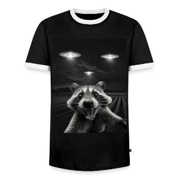 Selfie drôle de raton laveur devant des ovnis Raton laveur OVNI - T-shirt contrasté Homme - noir/blanc - Devant - AI Model Female 172 light (172cm) & AI Model Male 178 light (178cm)