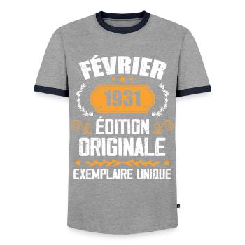 93rd Birthday Gift Born In February 1931 - Men's Ringer Shirt - grey/navy  - Front - AI Model Female 172 light (172cm) & AI Model Male 178 light (178cm)