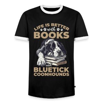 Bluetick Coonhound Dog Life is Better with Books - Men's Ringer Shirt - black/white - Front - AI Model Female 172 light (172cm) & AI Model Male 178 light (178cm)