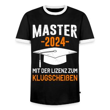 Master 2024 With the license to smart-shit - Men's Ringer Shirt - black/white - Front - AI Model Female 172 light (172cm) & AI Model Male 178 light (178cm)