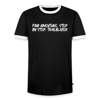 Hiking - Find adventure, step by step, - Men's Ringer Shirt - black/white - Front - AI Model Female 172 light (172cm) & AI Model Male 178 light (178cm)