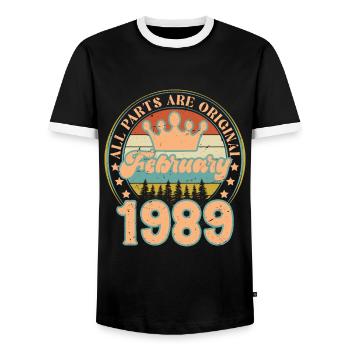 February 1989. February 1989 Birthday Gift. - Men's Ringer Shirt - black/white - Front - AI Model Female 172 light (172cm) & AI Model Male 178 light (178cm)