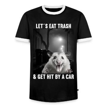 Permet de manger des ordures et de se faire frapper par un opossum de voiture - T-shirt contrasté Homme - noir/blanc - Devant - AI Model Female 172 light (172cm) & AI Model Male 178 light (178cm)