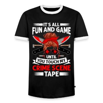 True Crime - Men's Ringer Shirt - black/white - Front - AI Model Female 172 light (172cm) & AI Model Male 178 light (178cm)