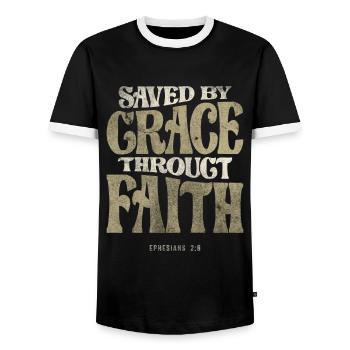 Saved by Grace Througt Faith - Ephesians 2:8 - Men's Ringer Shirt - black/white - Front - AI Model Female 172 light (172cm) & AI Model Male 178 light (178cm)