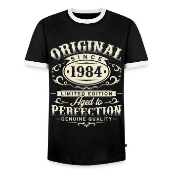 Original 1984 Retro Birthday Gift - Men's Ringer Shirt - black/white - Front - AI Model Female 172 light (172cm) & AI Model Male 178 light (178cm)