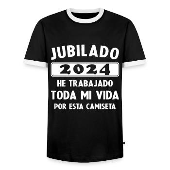 Retraité en 2024 / Retraité 2024 Cadeau Humour - T-shirt contrasté Homme - noir/blanc - Devant - AI Model Female 172 light (172cm) & AI Model Male 178 light (178cm)