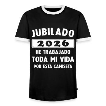 Retired in 2026 / Retired 2026 Humor Gift - Men's Ringer Shirt - black/white - Front - AI Model Female 172 light (172cm) & AI Model Male 178 light (178cm)
