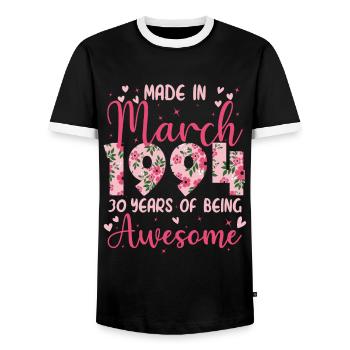 März 1994 Geschenk zum 30-jährigen Jubiläum für Ehefrau - Männer Kontrast-T-Shirt - Schwarz/Weiß - Vorne - AI Model Female 172 light (172cm) & AI Model Male 178 light (178cm)