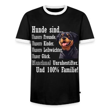« Les chiens sont 100% famille » Rottweiler - T-shirt contrasté Homme - noir/blanc - Devant - AI Model Female 172 light (172cm) & AI Model Male 178 light (178cm)