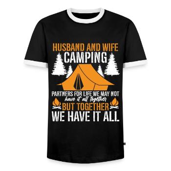 Husband And Wife Camping Partner Couple Matching - Men's Ringer Shirt - black/white - Front - AI Model Female 172 light (172cm) & AI Model Male 178 light (178cm)