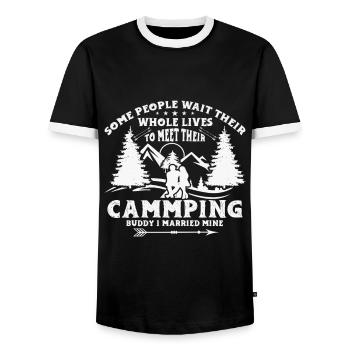 Husband And Wife Camping Partner Couple Matching - Men's Ringer Shirt - black/white - Front - AI Model Female 172 light (172cm) & AI Model Male 178 light (178cm)