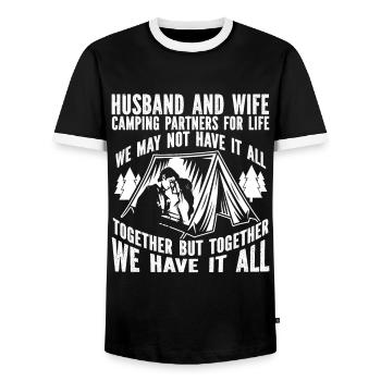 Husband And Wife Camping Partner Couple Matching - Men's Ringer Shirt - black/white - Front - AI Model Female 172 light (172cm) & AI Model Male 178 light (178cm)