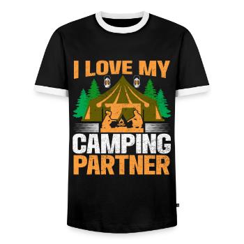 Husband And Wife Camping Partner Couple Matching - Men's Ringer Shirt - black/white - Front - AI Model Female 172 light (172cm) & AI Model Male 178 light (178cm)