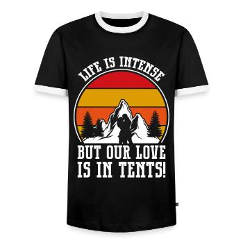 Husband And Wife Camping Partner Couple Matching - Men's Ringer Shirt - black/white - Front - AI Model Female 172 light (172cm) & AI Model Male 178 light (178cm)