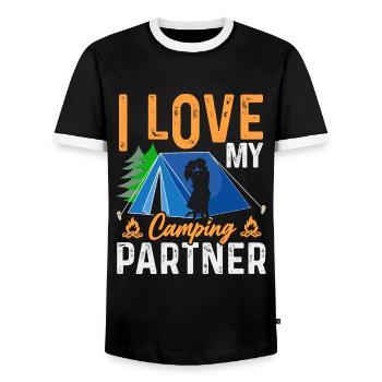 Husband And Wife Camping Partner Couple Matching - Men's Ringer Shirt - black/white - Front - AI Model Female 172 light (172cm) & AI Model Male 178 light (178cm)