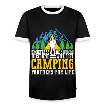 Husband And Wife Camping Partner Couple Matching - Men's Ringer Shirt - black/white - Front - AI Model Female 172 light (172cm) & AI Model Male 178 light (178cm)