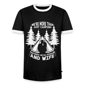 Husband And Wife Camping Partner Couple Matching - Men's Ringer Shirt - black/white - Front - AI Model Female 172 light (172cm) & AI Model Male 178 light (178cm)