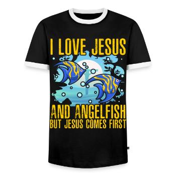 I love Jesus and Angelfish but Jesus comes first - Men's Ringer Shirt - black/white - Front - AI Model Female 172 light (172cm) & AI Model Male 178 light (178cm)