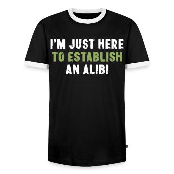 I'm Just Here To Establish An Alibi Sarkasmus - Männer Kontrast-T-Shirt - Schwarz/Weiß - Vorne - AI Model Female 172 light (172cm) & AI Model Male 178 light (178cm)