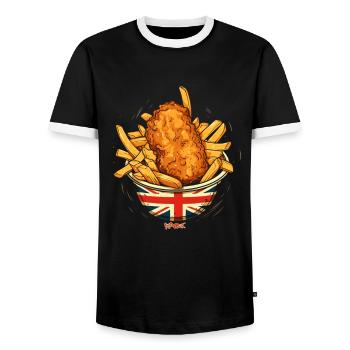 British Flag and Fish and Chips - Men's Ringer Shirt - black/white - Front - AI Model Female 172 light (172cm) & AI Model Male 178 light (178cm)