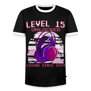 Level 15 Unlocked Legendary since 2009 - Men's Ringer Shirt - black/white - Front - AI Model Female 172 light (172cm) & AI Model Male 178 light (178cm)