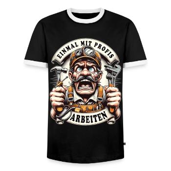Craftsmen work with professionals for once - Men's Ringer Shirt - black/white - Front - AI Model Female 172 light (172cm) & AI Model Male 178 light (178cm)