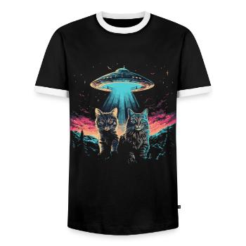UFO Katzen | Sci-Fi Natur für Katzenliebhaber - Männer Kontrast-T-Shirt - Schwarz/Weiß - Vorne - AI Model Female 172 light (172cm) & AI Model Male 178 light (178cm)