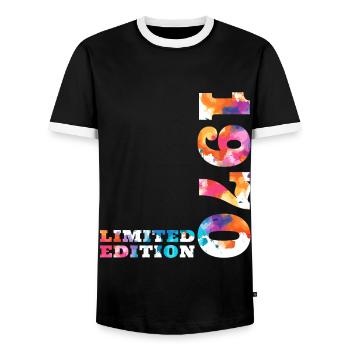 Colorful Birthday Limited Edition 1970's - Men's Ringer Shirt - black/white - Front - AI Model Female 172 light (172cm) & AI Model Male 178 light (178cm)