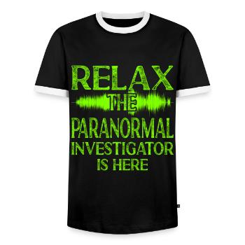 L’enquêteur paranormal est là - Relax Bro Design - T-shirt contrasté Homme - noir/blanc - Devant - AI Model Female 172 light (172cm) & AI Model Male 178 light (178cm)