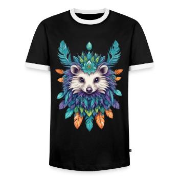Spirit Indian Hedgehog Mandala Feathers Aesthetic - Men's Ringer Shirt - black/white - Front - AI Model Female 172 light (172cm) & AI Model Male 178 light (178cm)