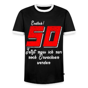 50 jetzt muss ich nur noch erwachsen werden - Männer Kontrast-T-Shirt - Schwarz/Weiß - Vorne - AI Model Female 172 light (172cm) & AI Model Male 178 light (178cm)